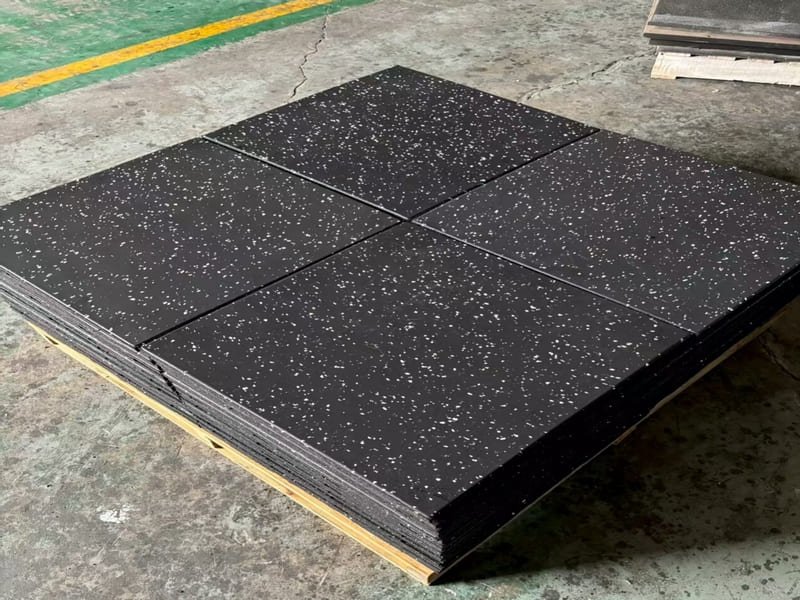 A spec sheet showing technical data for commercial gym flooring, highlighting density and thickness.